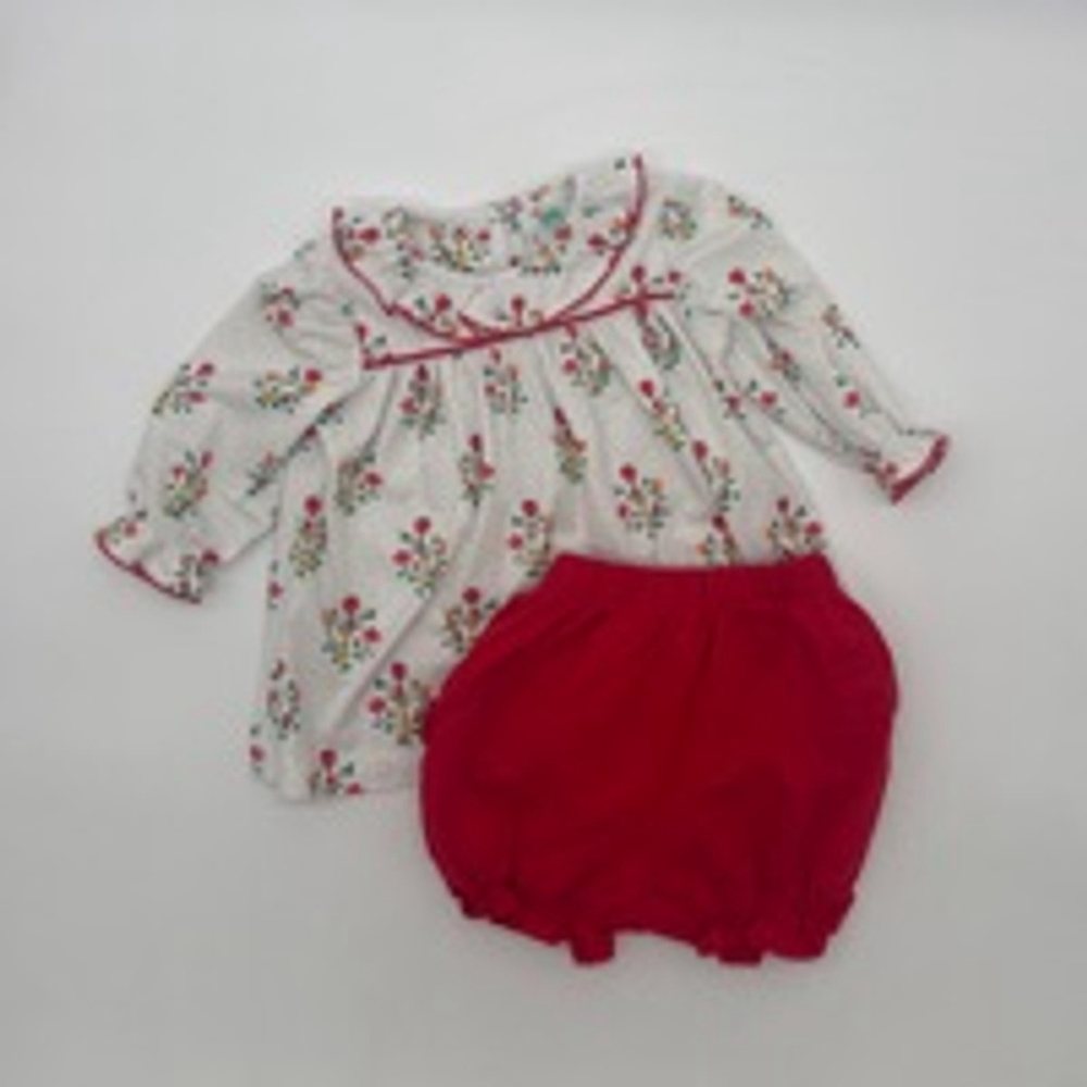 SHRIMP & GRITS Floral Long Sleeve Top & Red Ruffle Bloomer Set Size 12m